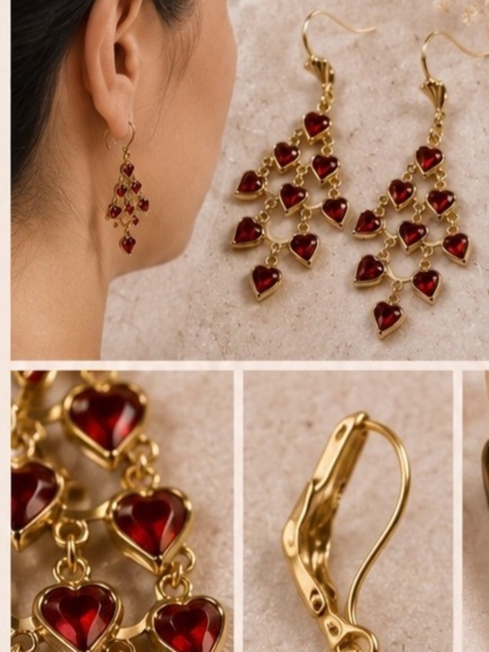 Laminated Gold Chandelier Heart Drop Earrings with Red Glass Hearts